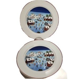 VILLEROY & BOCH NAIF CHRISTMAS  DINNER PLATE ET OF 2 FOLK ART